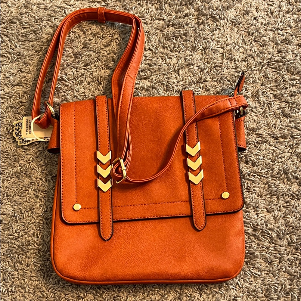 Orange Crossbody Bag with Gold Accents - Picture 5 of 5